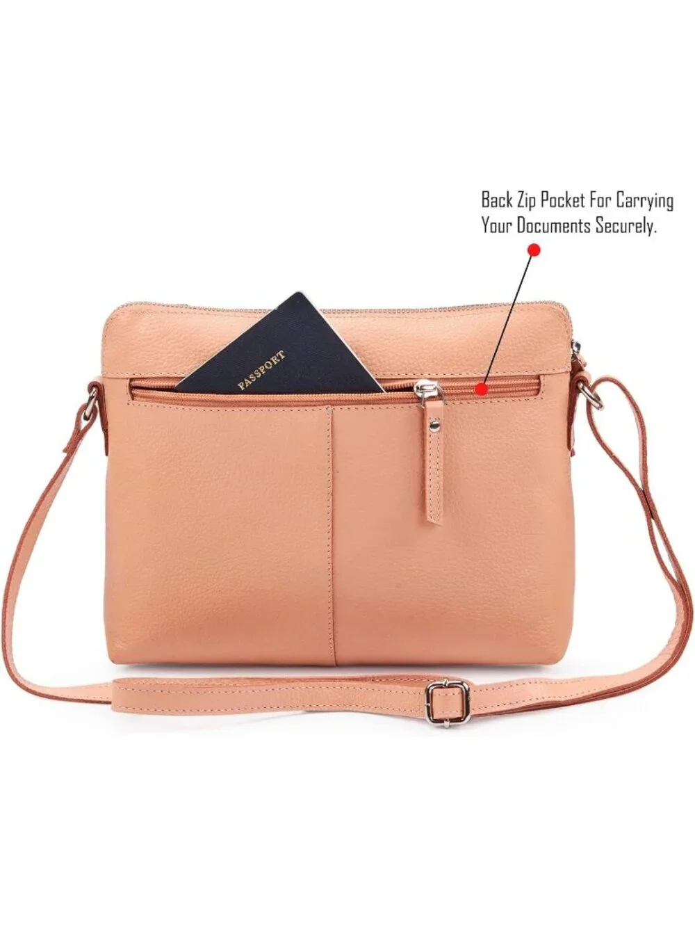 Women's Peach Genuine Leather Sling Purse with Adjustable Strap Crossbody bag